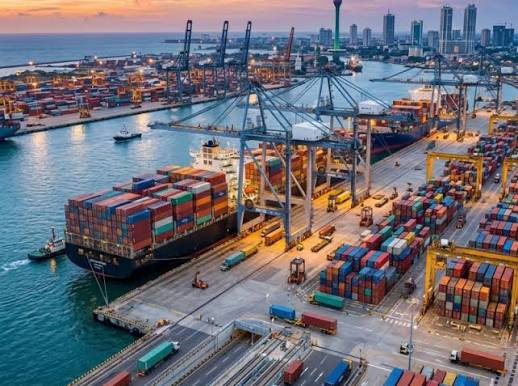 Container ships and cranes at Colombo harbour with the city skyline beyond