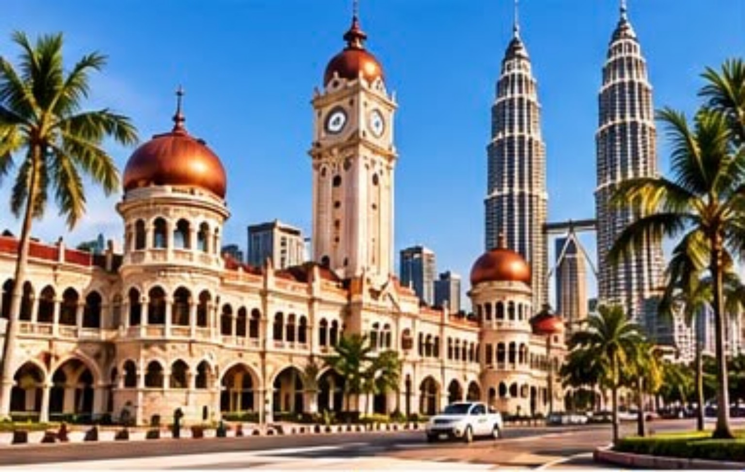 Illustration of Kuala Lumpur heritage buildings, palm trees and the Petronas Twin Towers