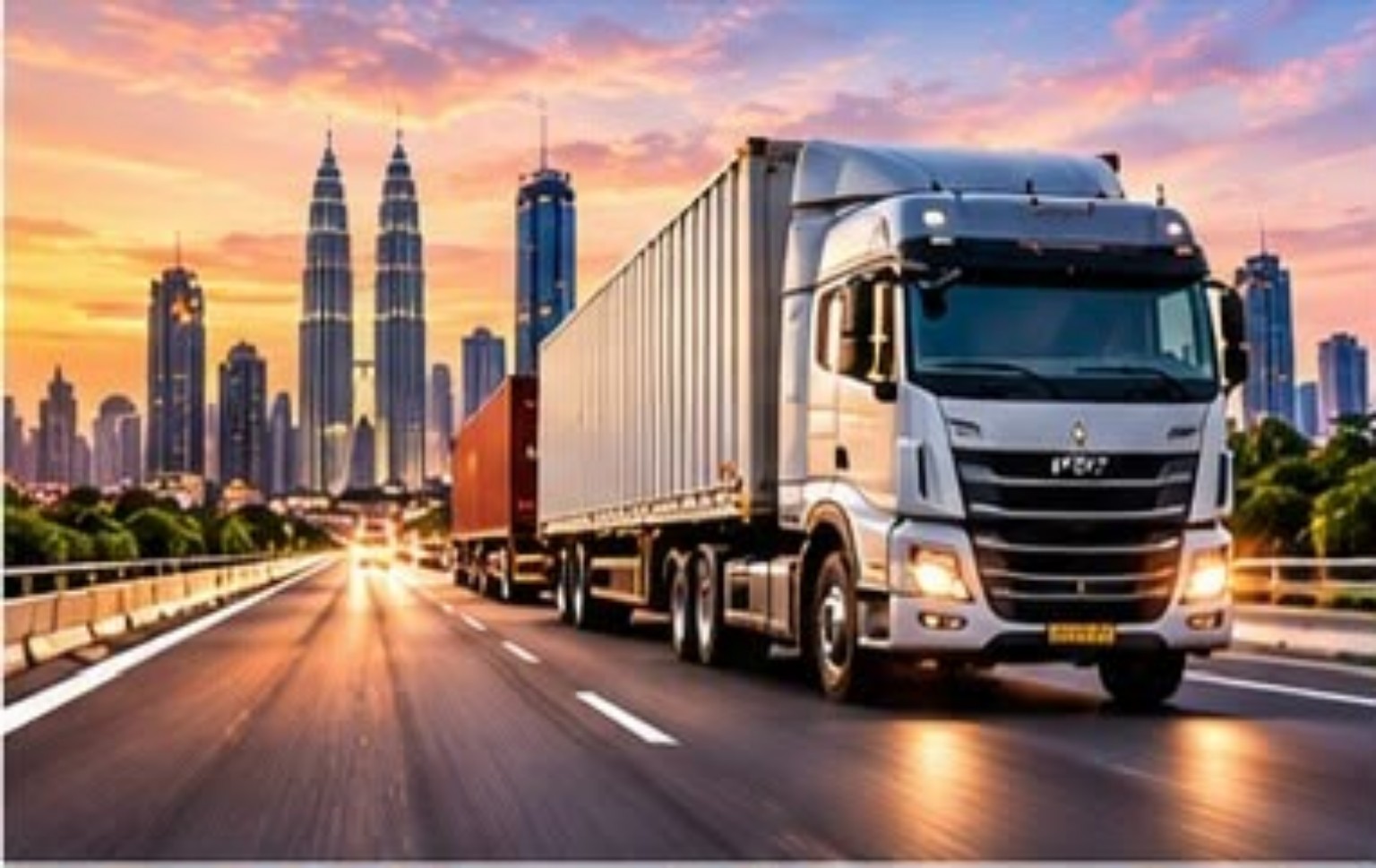Illustration of a container truck on a highway beside the Kuala Lumpur skyline at sunset