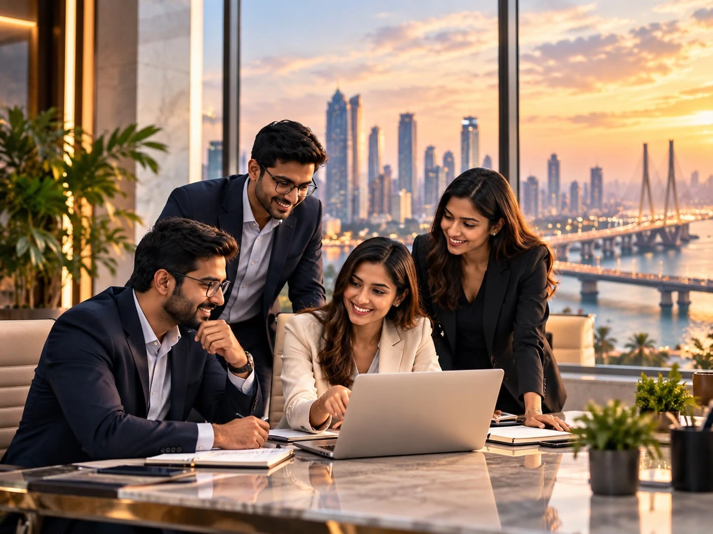 Professionals collaborating around a laptop