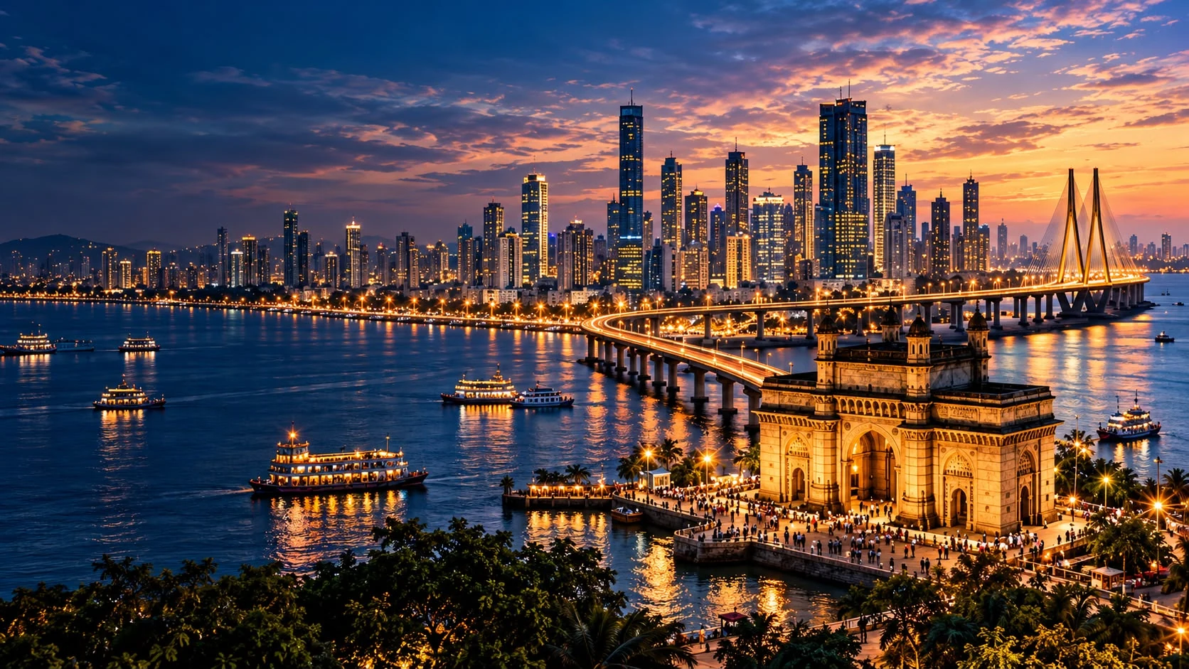 India themed waterfront cityscape with heritage architecture and an illuminated bridge