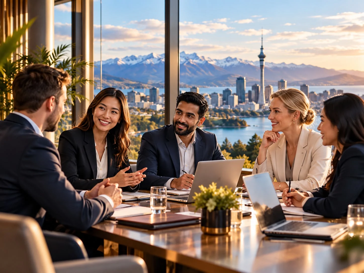 Professionals discussing a business opportunity beside a New Zealand themed skyline
