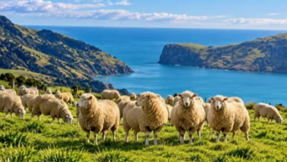 Sheep grazing on a green coastal pasture with the sea in the background