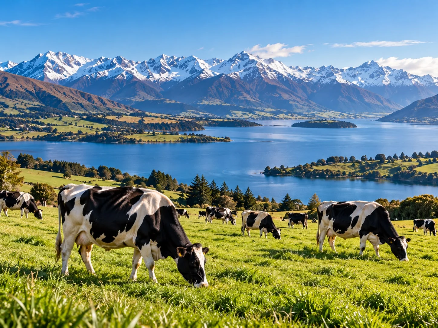 Dairy cows grazing beside a lake and mountain landscape
