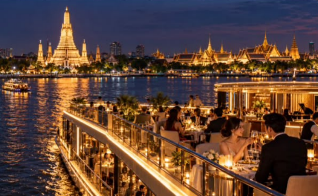 Evening dining beside the Chao Phraya River with Wat Arun illuminated in the background