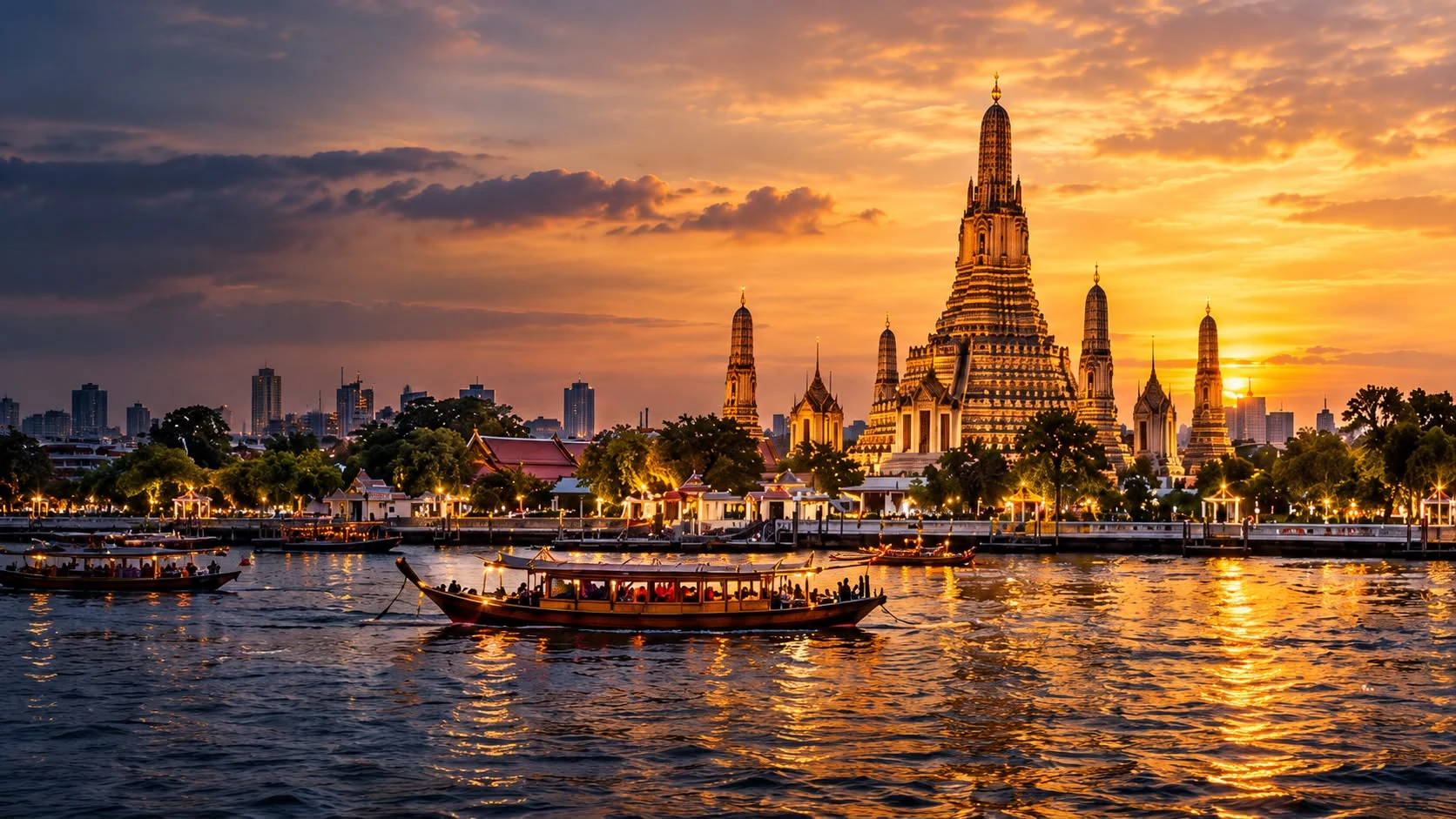 Wat Arun and boats beside the Chao Phraya River at sunset