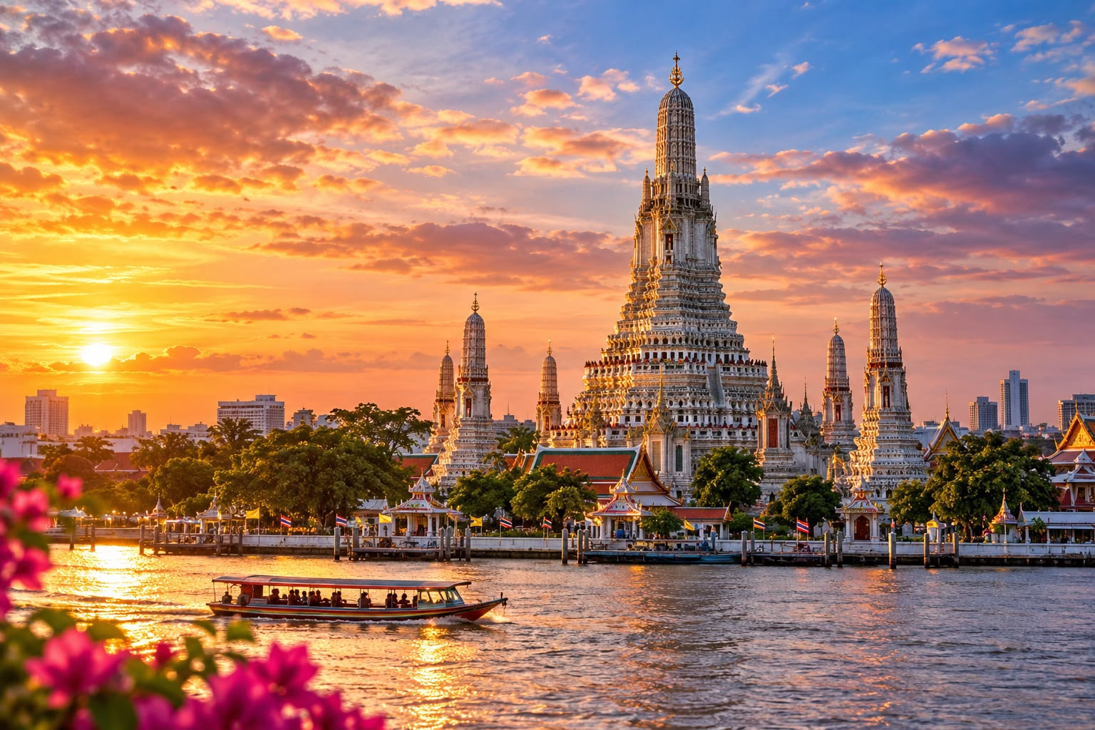 Wat Arun at sunset beside the Chao Phraya River, with a long-tail boat in the foreground