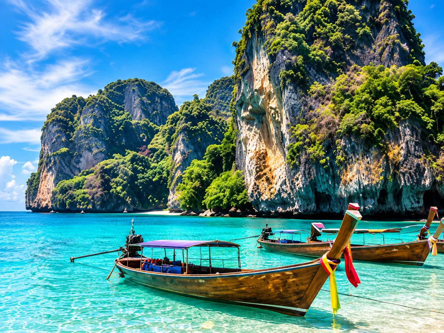 Long-tail boats on turquoise water beside limestone cliffs